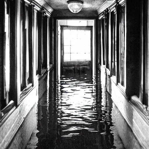 Image similar to a hallway that was built in 1 9 0 1 flooding with musty water, phone camera flash, grainy footage, liminal space, dark, eerie,