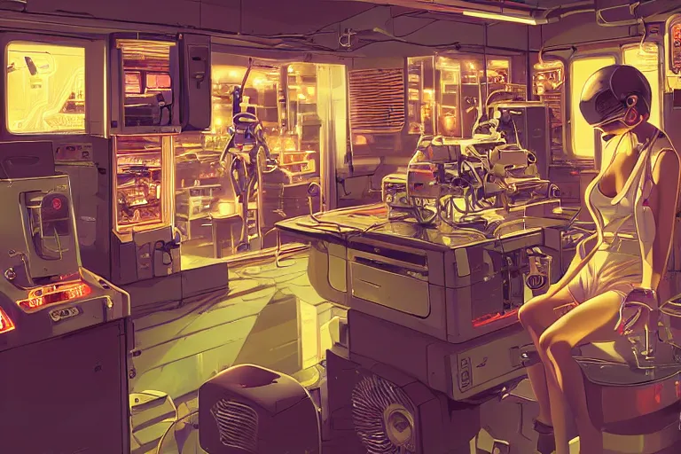 Prompt: closeup of pretty girl working in a small robot repair shop, broken android laying on the ground, chrome reflections, computer screens, scifi vending machine, surreal illustration by moebius , Ilya Kuvshinov, dynamic lighting, glowing lights, neons, science fiction