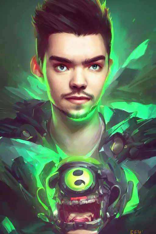 Image similar to a portrait of the YouTuber jacksepticeye in the style of league of legends by Greg Rutkowski, Sung Choi, Mitchell Mohrhauser, Maciej Kuciara, Johnson Ting, Maxim Verehin, Peter Konig, final fantasy , mythical, 8k photorealistic, cinematic lighting, HD, high details, atmospheric,