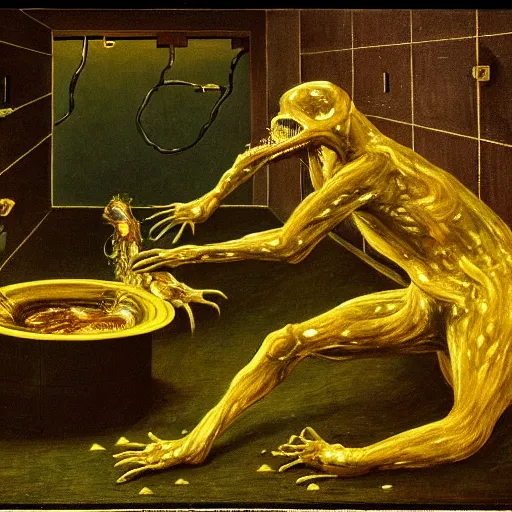 Prompt: dark green hi-tech sci-fi lab at night, realistic gustave coubert painting a hideous and sick human exposed guts crawling in two legs and dripping golden metalic fluid from intestine into a pool of golden liquid on the floor. Smokey atmosphere