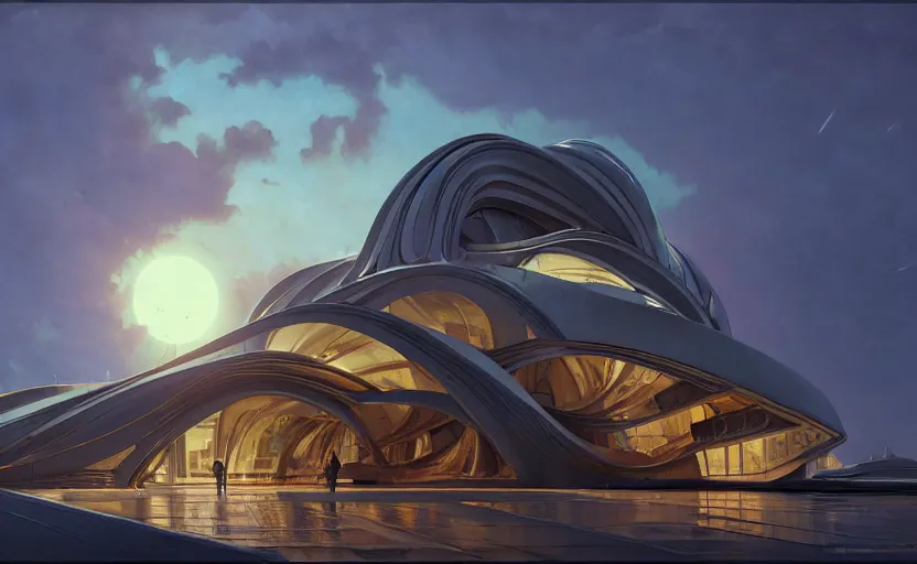 Image similar to exterior shot of utopian architecture laboratory with cinematic lighting by zaha hadid and renzo piano, darek zabrocki and greg ruthkowski, alphonse mucha, simon stalenhag, cinematic, lambda shape, scifi, futurism, atmospheric, sunset, concept art, artstation, trending on artstation