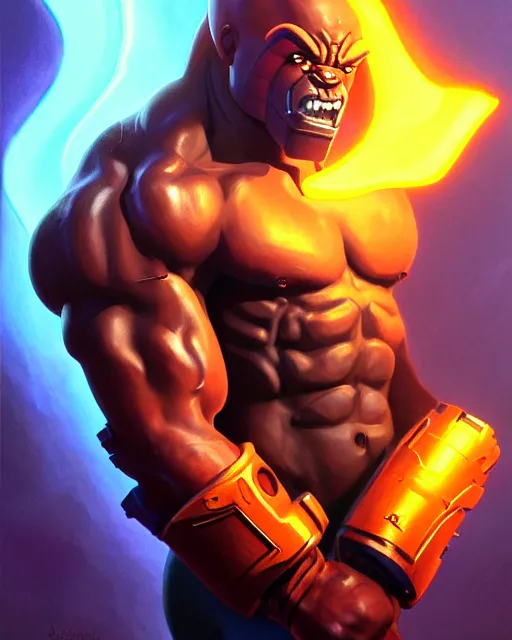 Image similar to doomfist from overwatch, elegant, confident, smug, ripped, buff, strong, colorful, fantasy, fantasy art, character portrait, portrait, close up, highly detailed, intricate detail, amazing detail, sharp focus, vintage fantasy art, vintage sci - fi art, radiant light, caustics, by boris vallejo