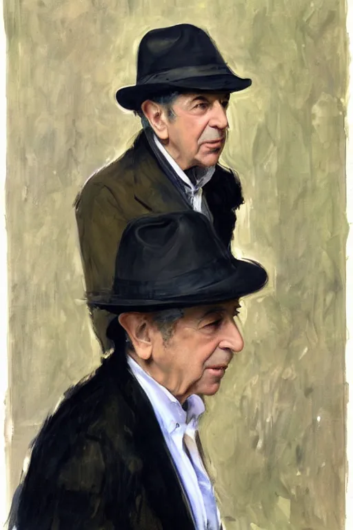 Image similar to Leonard Cohen, wearing a trilby hat, portrait by John Singer Sargent, Frank McCarthy, Robert McGinnis