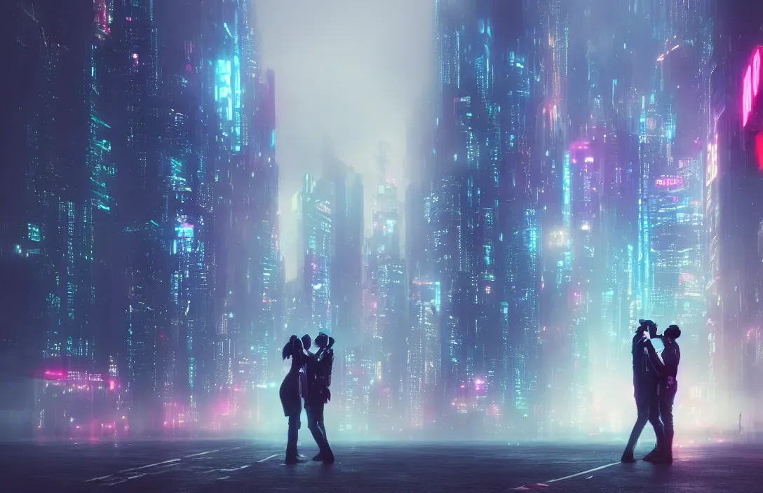 Image similar to men kissing in front of a foggy view of cyberpunk style future city, neon lights, a hyper realistic professional photographic view,very beautiful scenery, very realistic painting effect, hd, hdr, cinematic 4k wallpaper, 8k, ultra detailed, high resolution,