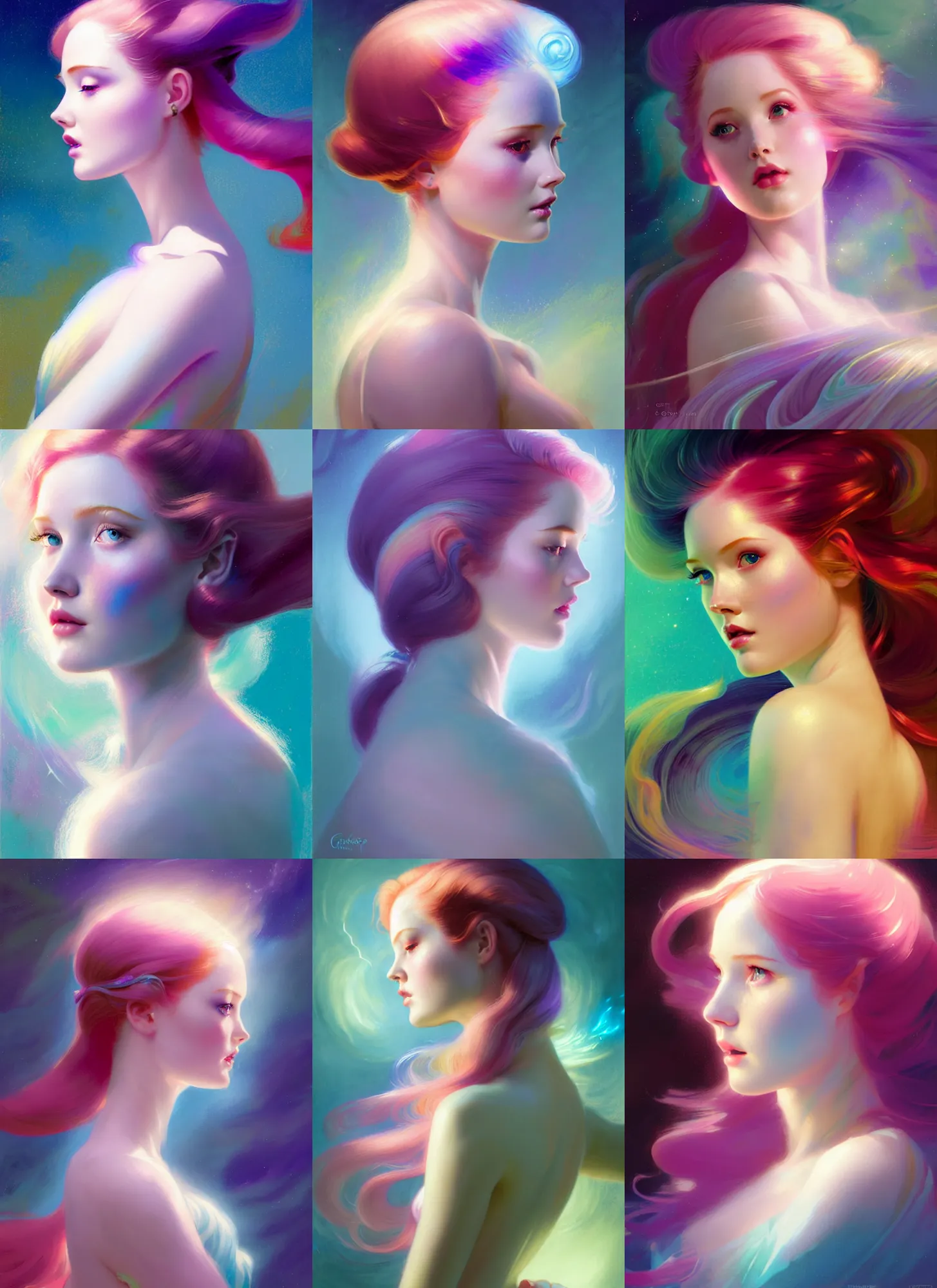 Prompt: side portrait, ellie bamber, pixie fae, gloomhaven, luminescent, iridescent swirly magic ripples, pastel colors, by greg manchess, huang guangjian, gil elvgren, sachin teng, greg rutkowski, jesper ejsing, ilya kuvshinov