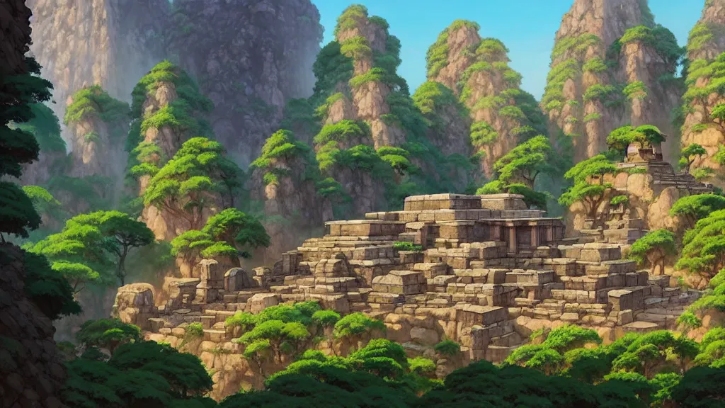 Prompt: ancient temple ruins, studio ghibli, pixar and disney animation, sharp, rendered in unreal engine 5, highly detailed, digital painting, artstation, concept art, smooth, sharp focus, illustration, wide angle, artbook, wallpaper, splash art, promo art, dramatic lighting, art by artgerm and greg rutkowski and bo chen and jin xiaodi