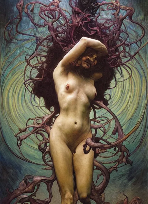 Prompt: hyper realistic painting of swirling and unstable composition in the style of wayne barlowe, gustav moreau, goward, gaston bussiere and roberto ferri, santiago caruso, and austin osman spare, bouguereau, alphonse mucha, saturno butto. occult art