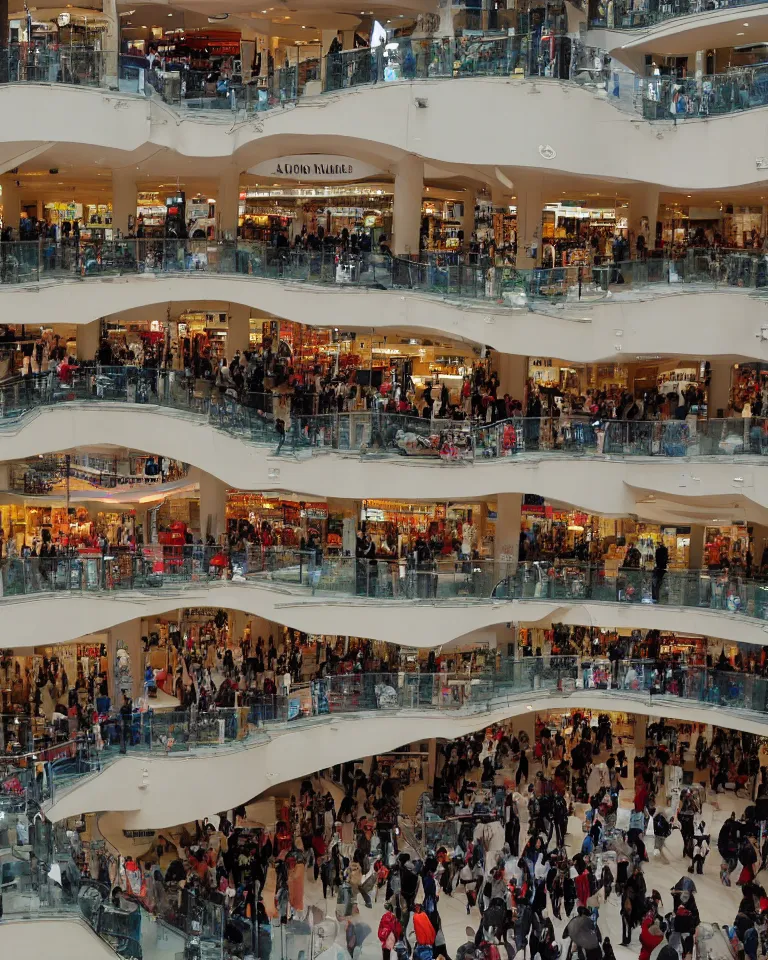Image similar to the inside of a many-layered shopping mall, bustling with crowds, eight floors