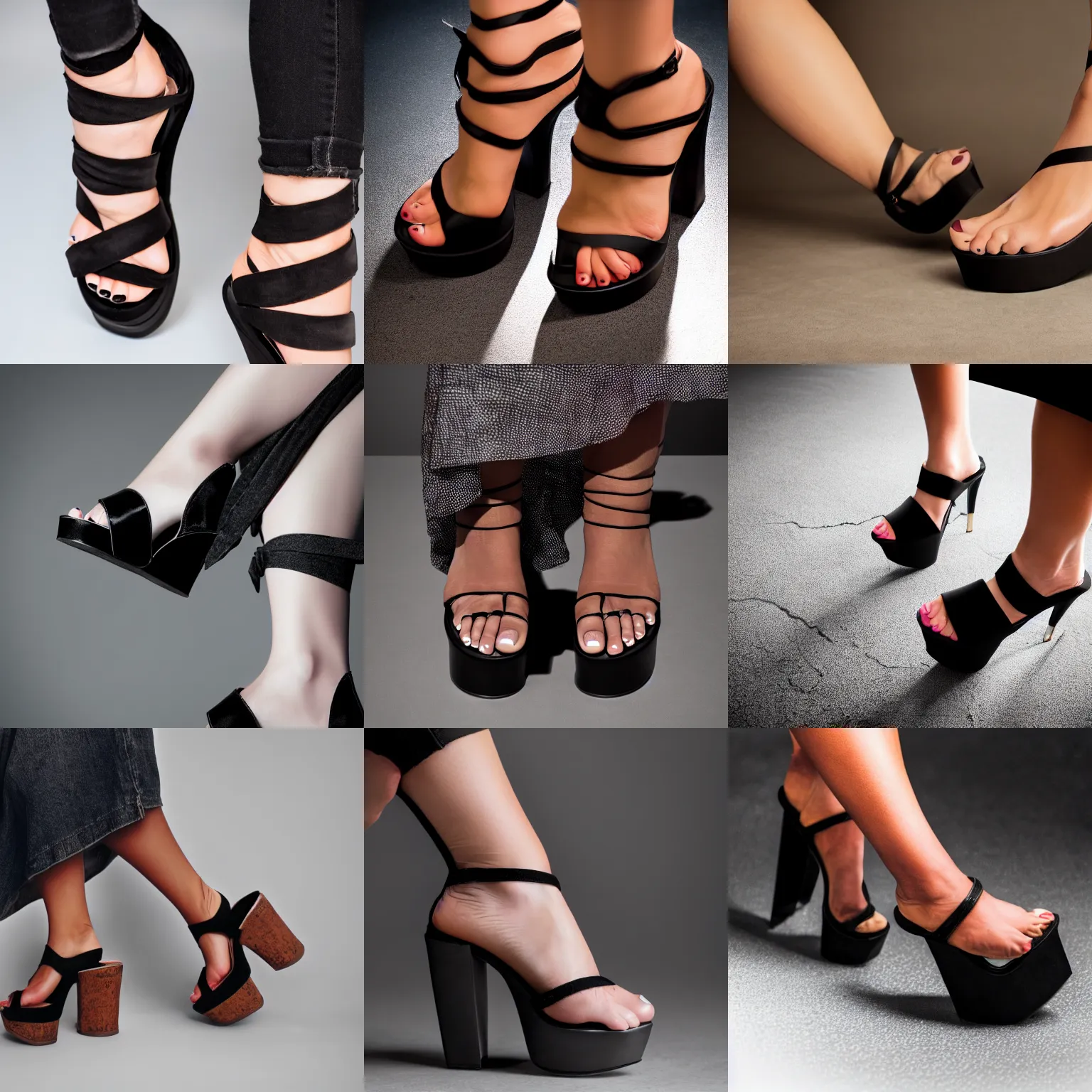 Prompt: a close up shot of a woman's feet in black demonia chunky platform sandals, studio light, 8 k