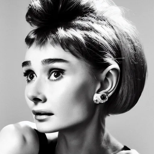 Prompt: portrait of a beautiful 20-year-old Audrey Hepburn with 1980s punk hairstyle by Mario Testino, headshot, hairstyle, detailed, award winning, Sony a7R