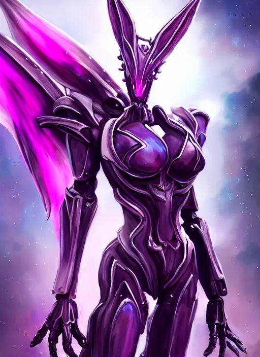 Image similar to cinematic full body, cosmic sized beautiful stunning giant robot mechan hot female dragon goddess, sharp sleek cyborg dragon head, sharp metal ears, smooth purple eyes, smooth fuschia skin, smooth silver armor, nebula, epic proportions, epic scale, macro furry, furry art, dragon art, goddess art, giantess art, warframe, warframe fanart, furaffinity, octane