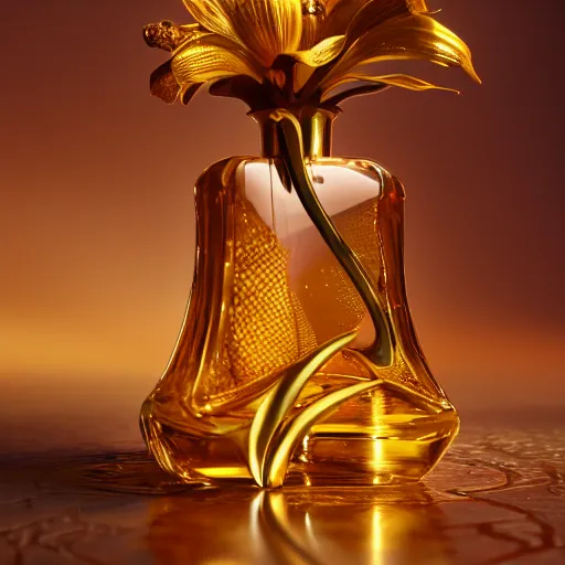 Image similar to perfume bottle in a golden puddle of rich honey, honeycomb, and gold lillies, path traced, environment, highly detailed, concept art, realistic, octane render, up close shot shinji aramaki, karol bak, alphonse mucha