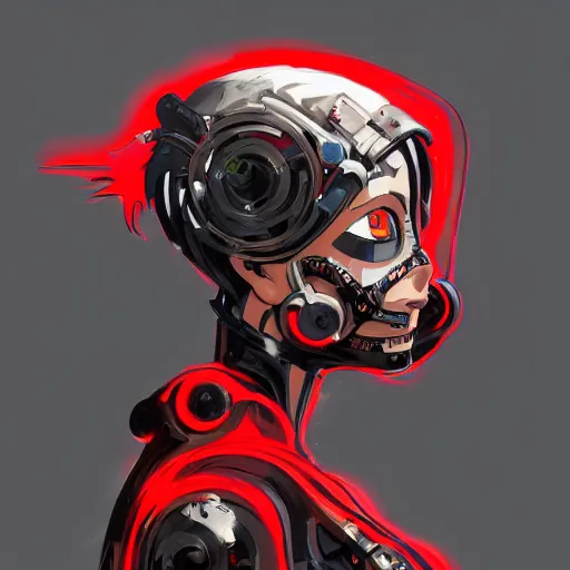 Image similar to potrait of a cyborg with black and red robotic parts, medium shot, asymmetrical, profile picture, organic painting, very anime, during night, matte painting, bold shapes, hard edges, street art, trending on artstation, by huang guangjian and gil elvgren and sachin teng