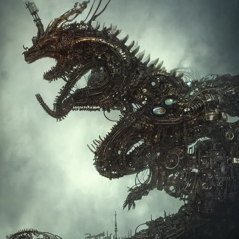 Image similar to hyper realistic mixed midea portrait of a beautiful mechanical steampunk dragon, stunning 3d render inspired art by P. Craig Russell and Barry Windsor-Smith + perfect facial symmetry + dim volumetric lighting, 8k octane beautifully detailed render, post-processing, extremely hyperdetailed, intricate futuristic mechanic parts, epic composition, grim yet sparkling atmosphere, cinematic lighting + masterpiece, trending on artstation,