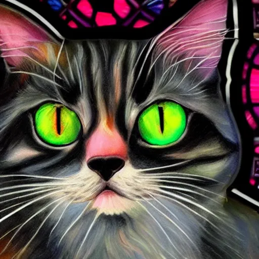 Prompt: stained glass cat with vibrant eyes photorealistic close up portrait