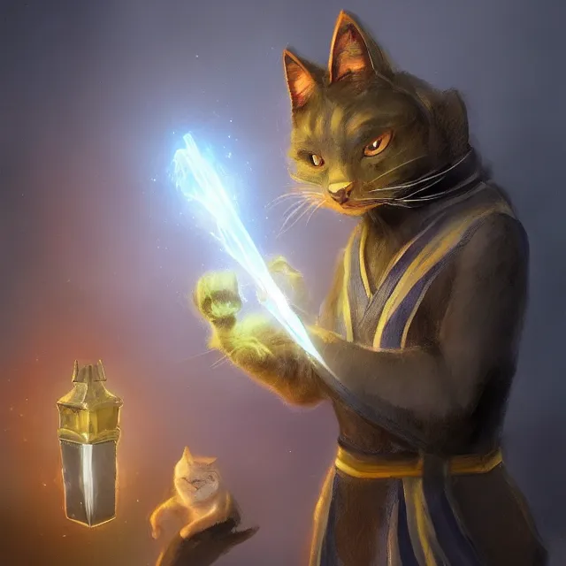 Image similar to black cat tabaxi sorcerer wearing robes holding a glowing crystal, character concept art, oil painting, artstation