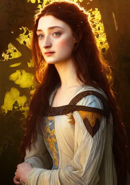 Image similar to portrait of little bird sansa stark, intricate, elegant, highly detailed, digital painting, artstation, concept art, smooth, sharp focus, illustration, art by artgerm and greg rutkowski and alphonse mucha and william - adolphe bouguereau