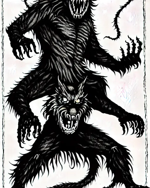 Image similar to a licorice werewolf as a D&D monster, full body, pen-and-ink illustration, etching, by Russ Nicholson, DAvid A Trampier, larry elmore, 1981, HQ scan, intricate details, Monster Manula, Fiend Folio