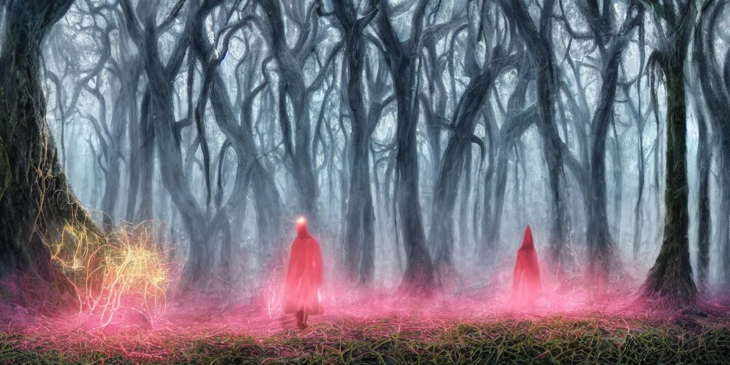 Prompt: a gothic wizard of old walking through an open field in a beautiful forest of ancient neurons with yellow and pink glowing synapses running through the forest, light creeps through the dense jungle, huge incredibly immense trees, highly detailed, hyperrealism, trending on art station, ancient forest like fanal forest or fangorn forest, misty forest, realistic painting, sharp image, hyper realistic art, highly detailed leaves, cinematic, art by konstantin razumov, chiaroscuro