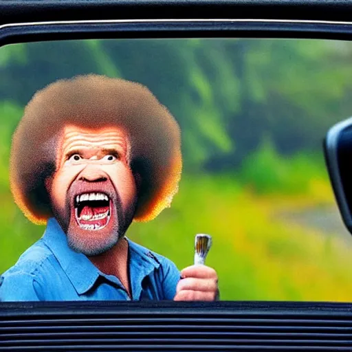 Image similar to a screaming angry bob ross in rear view mirror