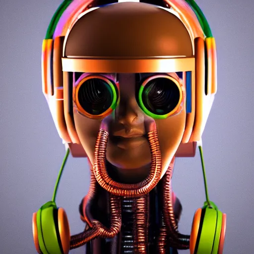 Image similar to a claymodel of a steampunk spaced out futuristic robot head wearing headphones and multicolored tubes, 8 k, front view, symetrical, flourescent colors, halluzinogenic, multicolored, exaggerated detailed, front shot, 3 d render, octane