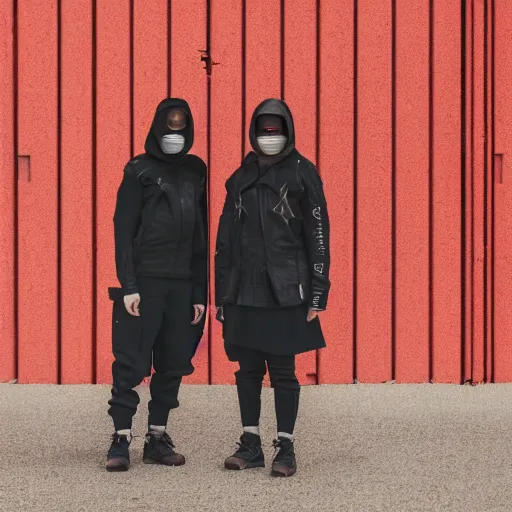 Image similar to photograph of 2 women wearing techwear in front of a brutalist metal building, on a desolate plain, red eerie sky, sigma 8 5 mm f / 1. 4, 4 k, depth of field, high resolution, 4 k, 8 k, hd, full color