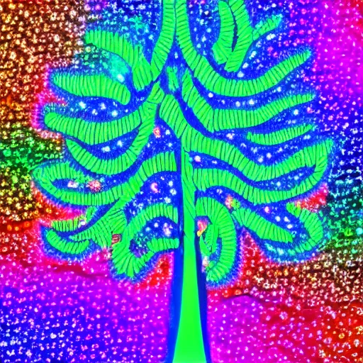 Image similar to psychedelic tree with neons and lasers