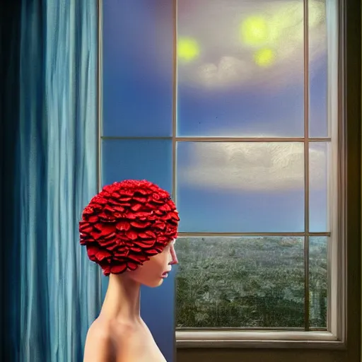 Image similar to giant flower under head, woman next to modern windows, luxury apartment, surreal photography, dramatic light, impressionist painting, digital painting, artstation, arthur adams