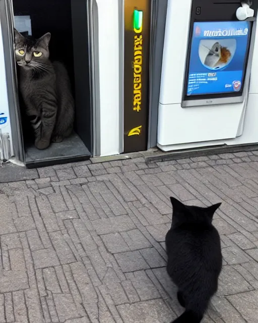 Prompt: cat standing up, in line at an ATM in copenhagen, as seen on reddit, photograph