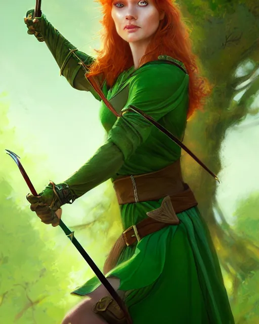 Prompt: female robin hood in sherwood forest, perfect face, green halter top, ginger hair, green eyes, cinematic, stunning, agile, highly detailed, digital painting, artstation, smooth, hard focus, illustration, art by jessica rossier and and brian froud