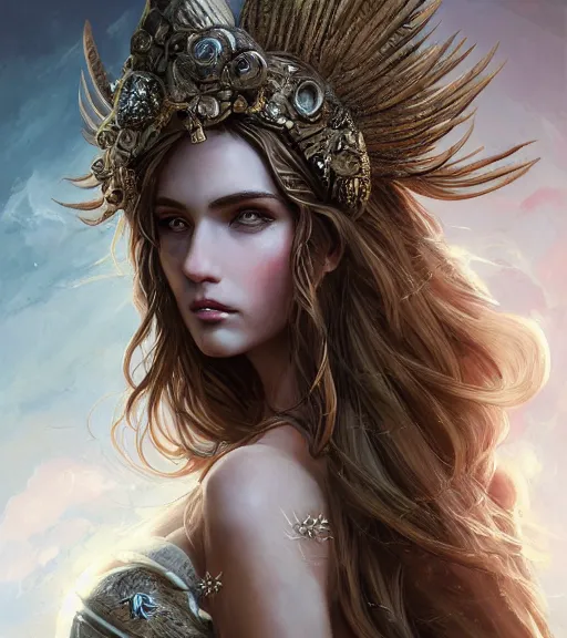 Image similar to aphrodite goddess wearing an arrow on her head, high resolution, uhd, digital illustration, in the style of greg rutkowski, fantasy, amazing detail, epic, intricate, elegant, hyper realistic, hyperdetailed, style of laura sava, smooth, sharp focus