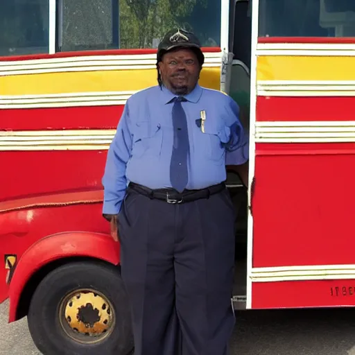 Prompt: african american male school bus driver with dreads, and chubby legs