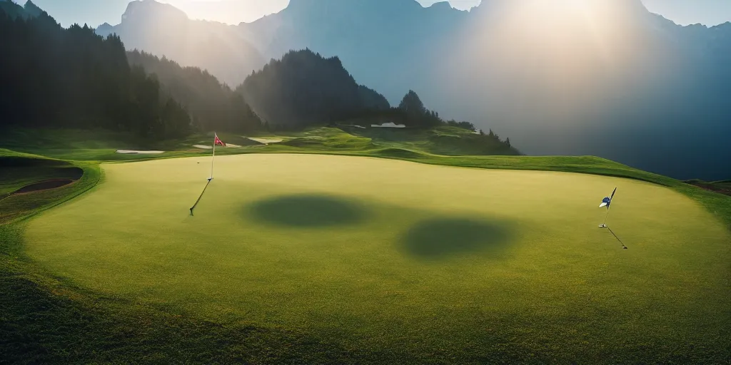 Image similar to a great photograph of the most amazing golf hole in the world, perfect light, over a cliff, in the swiss alps, high above treeline, ambient light, 5 0 mm, golf digest, top 1 0 0, fog