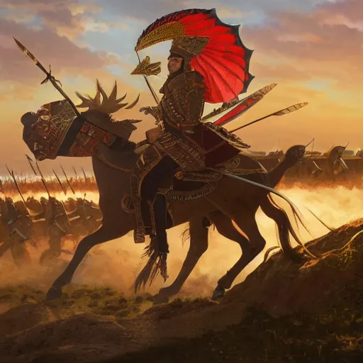 Image similar to an extremely detailed matte painting the polish winged hussars charging ottoman artillery, heroic charge, epic fantasy, viewed in profile from very far away, sharp focus, detailed face, art by greg rutkowski and alphonse mucha in an anime style, volumetric lighting, 4 k resolution, artstation