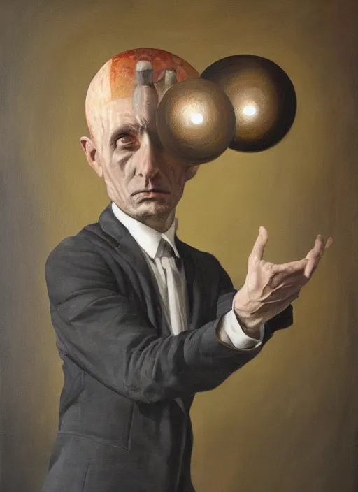 Image similar to a painting of a man holding a globe in his hands, a surrealist painting by Szymon Kot, deviantart, metaphysical painting, oil on canvas, surrealist, dystopian art,