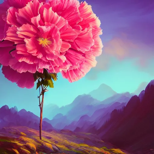 Image similar to giant carnation flower as a head, girl hiking in the mountains, surreal photography, sunrise, dramatic light, impressionist painting, colorful clouds, digital painting, artstation, simon stalenhag