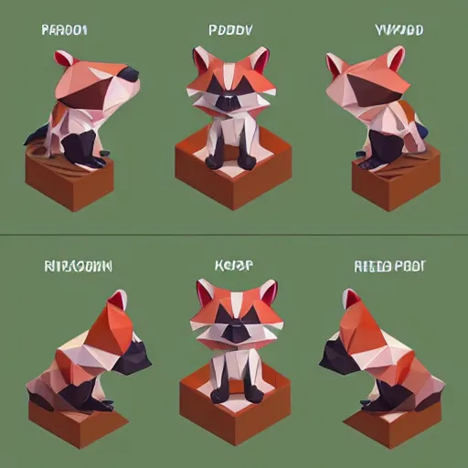 Image similar to isometric cute low - poly red panda playing with a low - poly raccoon