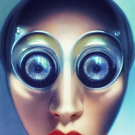 Image similar to detailed face of a woman, clockwork, moment, tectonic sky, skydome, bullet train, turbines, utopian, tech noir, wet reflections, prism, atmospheric, ambient, pj crook, syd mead, livia prima, greg rutkowski, edward hopper