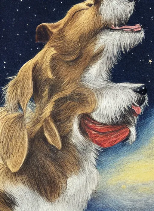 Image similar to portrait of jack russel dog looking up and howling with mouth open sad, night sky, highly detailed, side view, illustrated by peggy fortnum and beatrix potter and sir john tenniel