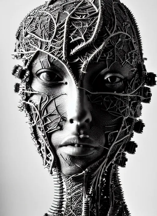 Image similar to a young female cyborg bust made of intricate vegetal stems, dramatic, ilford hp 5, closeup - view, f / 2. 8, high contrast, 1 6 k, fluorescent lamp, contre - jour, insanely detailed and intricate, hypermaximalist, elegant, ornate, hyper realistic, super detailed