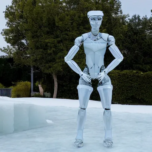 Image similar to made of ice, a realistic detailed photo of a guy who is an attractive humanoid who is half robot and half humanoid, who is a male android, on display, blank stare, showing off his muscles, shiny skin, posing like a statue, by the pool, frozen ice statue, f 1 driver max verstappen, humanoid robot