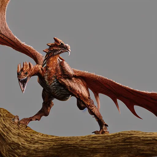 Image similar to medium sized brown feathered wyvern that stands on 2 legs with razor sharp teeth and sharp claws, extremely detailed, 4 k