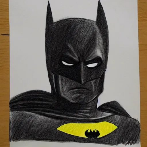 Image similar to a children's drawing of joe biden as batman, crayon, paper