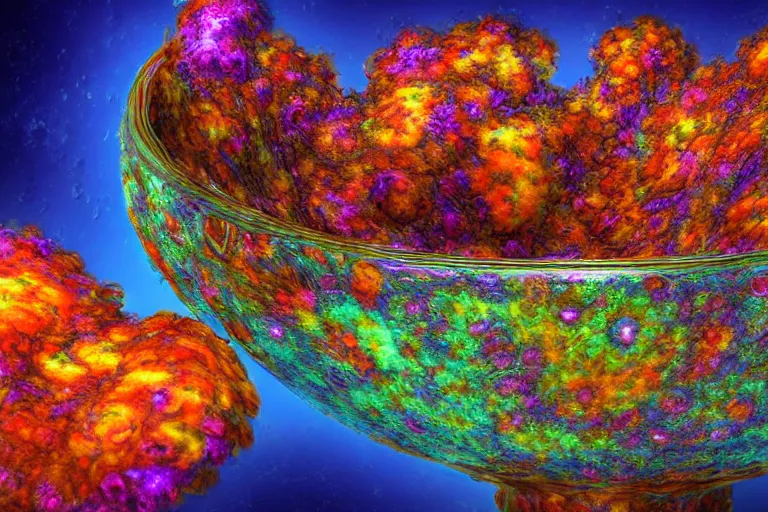 Prompt: ultra detailed digital art of a close up of a colorful object in a bowl, a microscopic photo by benoit b. mandelbrot, nevin cokay, zbrush central contest winner, space art, apocalypse art, fractalism, cosmic horror