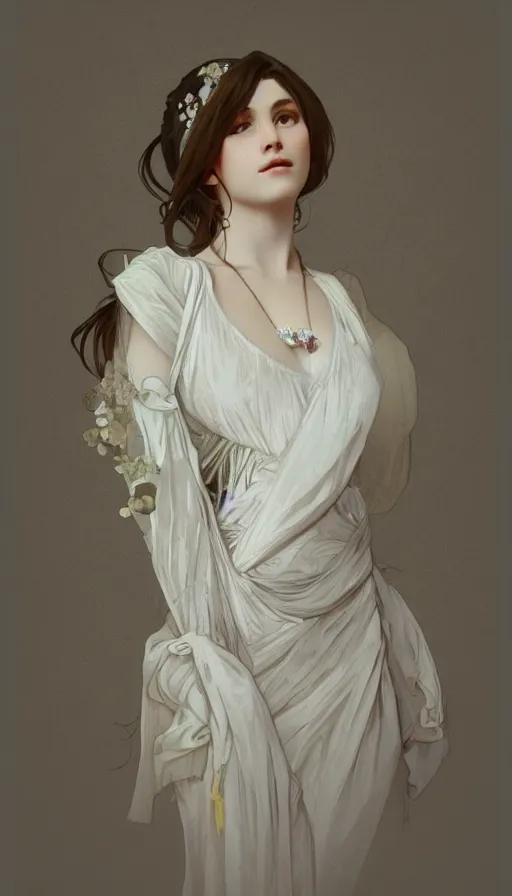 Image similar to elegant, cute girl portrait with open chest white ancient clothes by Alphonse Mucha, and Octane Render