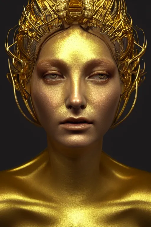 Image similar to a photorealistic portrait of a goddess ((Gold fluid simulation in the background)), perfectly proportioned face, ultra super good realistic 3D render by Pete Morbacher and Emil Melmoth, insanely detailed, trending on artstation