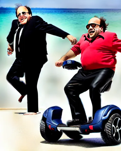 Image similar to Danny Devito as Gob in Arrested Development, riding on a Segway on the beach