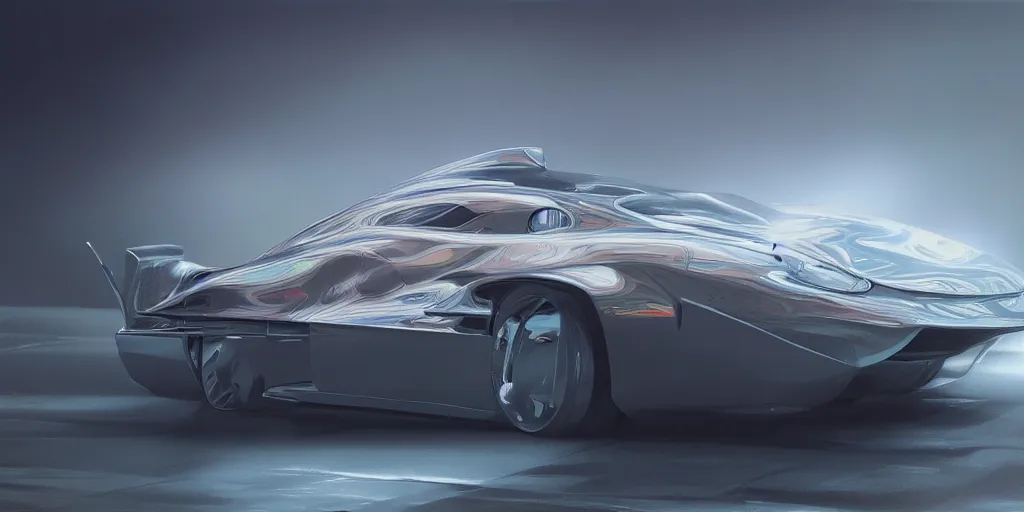 Image similar to full view of a car, painted in silver rainbow holographic pearlescent, elegant, digital painting, concept art, smooth, sharp focus, art style from Wang Ke and Greg Rutkowski and Bruce Kaiser and Scott Robertson and Dmitry Mazurkevich and Doruk Erdem and Jon Sibal, small style cue from Blade Runner