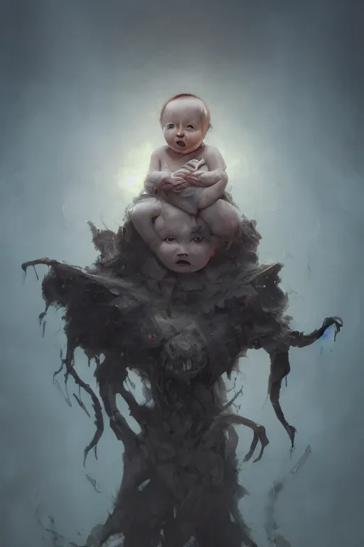 Image similar to a fancy portrait of a scary baby by Greg Rutkowski, Sung Choi, Mitchell Mohrhauser, Maciej Kuciara, Johnson Ting, Maxim Verehin, Peter Konig, final fantasy , mythical, 8k photorealistic, cinematic lighting, HD, high details, atmospheric,