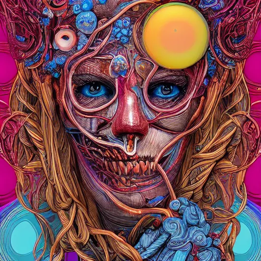 Image similar to the anatomical face of a ridiculously beautiful and pretty woman partially made of onion rings of all colors looking up, an ultrafine detailed illustration by james jean, final fantasy, intricate linework, bright colors, behance contest winner, vanitas, angular, altermodern, unreal engine 5 highly rendered, global illumination, radiant light, detailed and intricate environment